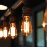 A row of vintage Edison light bulbs hanging from a metal pipe fixture , casting a warm glow in a dimly lit room