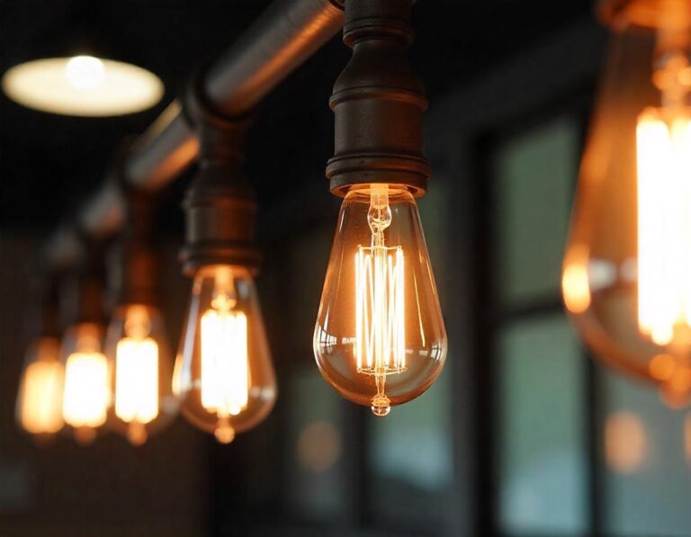 A row of vintage Edison light bulbs hanging from a metal pipe fixture , casting a warm glow in a dimly lit room