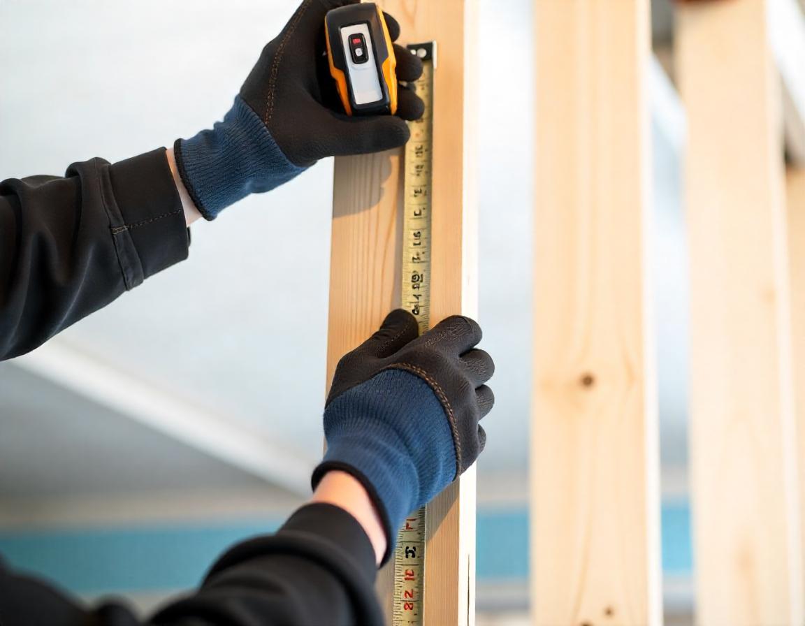 Ein Paar Hände mit schwarzen und blauen Handschuhen messen einen Holzbalken mit einem Maßband, Baustelle