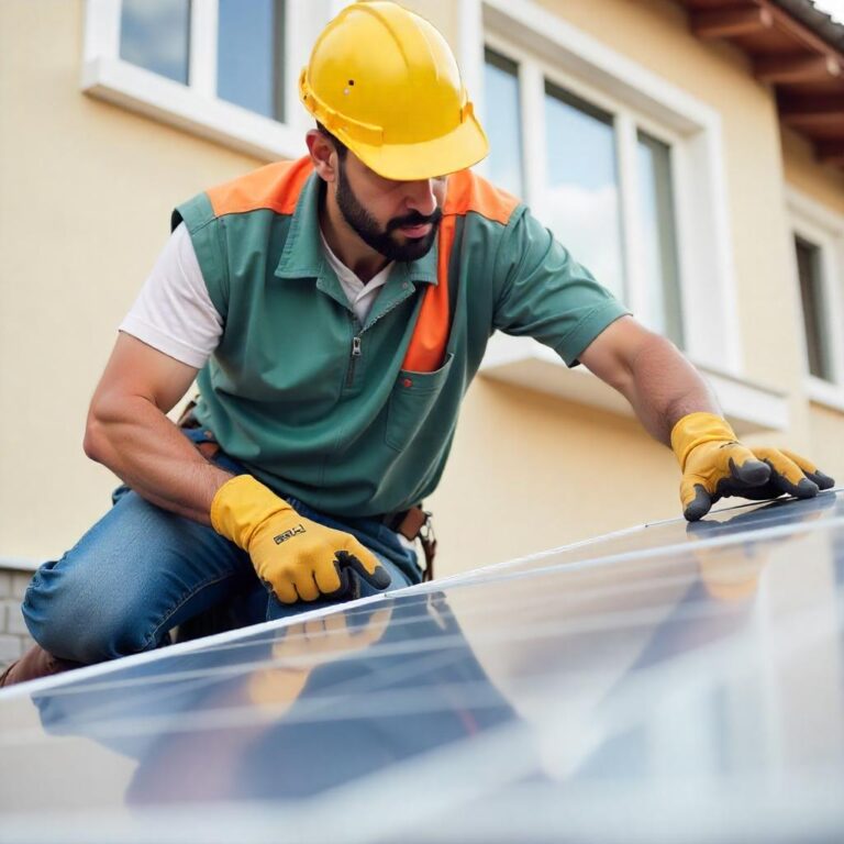 Hispanischer Mann, 35 Jahre alt, mit gelbem Helm und Handschuhen bei der Installation von Solarzellen auf einem Gebäude, mit einem Gebäude im Hintergrund