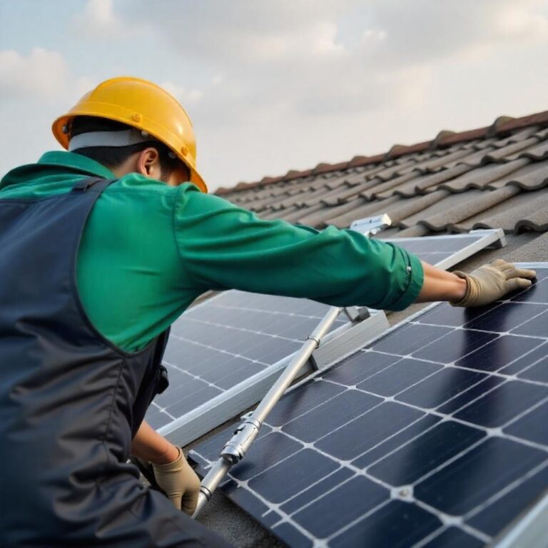 An asian man , 35 years old, with a yellow helmet and green shirt installing solar panels on a rooftop