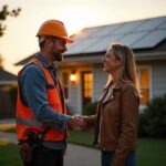 a confident and experienced solar installer and a homeowner shake hands in front of a mid-sized residential building with rooftop solar panels. The installer wears professional gear and a subtle badge representing a certified PV network. The homeowner looks relieved and happy, symbolizing trust and partnership. The scene is lit with warm afternoon sunlight and set in a clean, modern neighborhood. In the background, subtle elements like rooftops with more solar panels and satisfied neighbors walking or talking convey the idea of a growing, trustworthy solar movement. The overall atmosphere should feel professional, community-driven, and hopeful.
