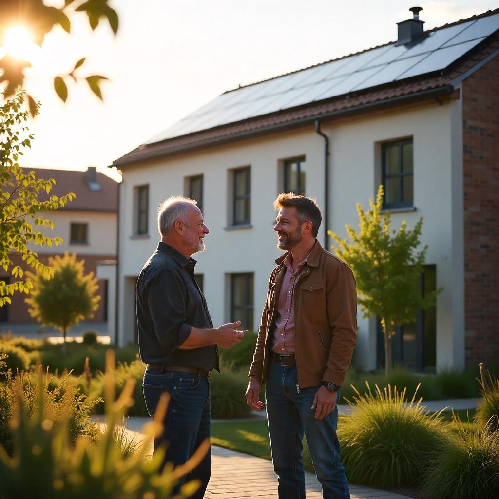 A modern multi-family residential building with rooftop solar panels, bathed in warm, golden-hour sunlight. In the foreground, a smiling landlord discusses the photovoltaic system with a professional solar installer, both appearing confident and satisfied. Nearby, tenants enjoy communal green spaces, symbolizing community benefit and environmental consciousness. The scene conveys trust, sustainability, and the positive impact of photovoltaic installations on urban living.