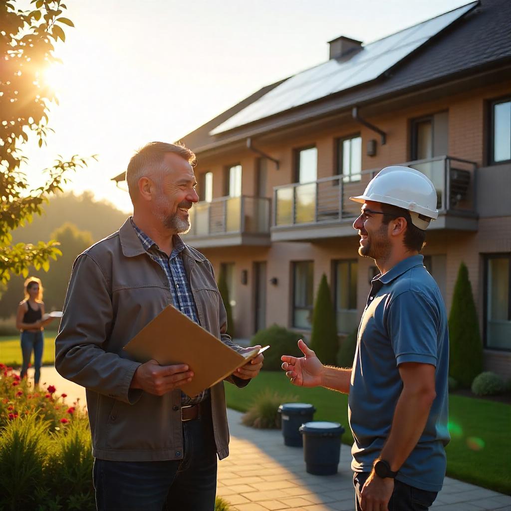 Ein modernes Mehrfamilienhaus mit Solarzellen auf dem Dach, gebadet in warmem, goldenem Sonnenlicht. Im Vordergrund bespricht ein lächelnder Vermieter die Photovoltaikanlage mit einem professionellen Solarinstallateur, beide wirken zuversichtlich und zufrieden. In der Nähe genießen die Mieter die gemeinschaftlichen Grünflächen, die den Nutzen für die Gemeinschaft und das Umweltbewusstsein symbolisieren. Die Szene vermittelt Vertrauen, Nachhaltigkeit und die positiven Auswirkungen von Photovoltaikanlagen auf das städtische Leben.