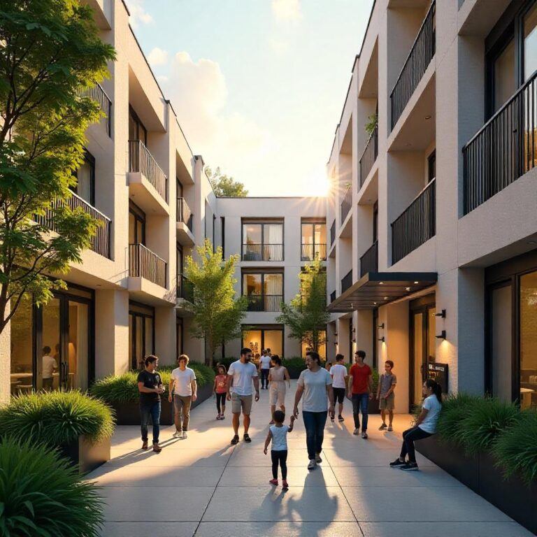A vibrant community courtyard of a modern multi-family residential building equipped with rooftop solar panels. Tenants of various ages and backgrounds are gathered, engaging in friendly conversations, children playing, and a digital display near the entrance shows 'Solar Energy in Use: 87%'. The atmosphere exudes a sense of community, trust, and shared commitment to sustainability. The scene is bathed in warm, golden-hour sunlight, highlighting the harmony between modern living and renewable energy solutions.