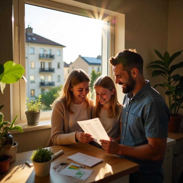 A cheerful family in a cozy apartment kitchen smiles while reviewing a noticeably lower electricity bill, highlighted with a green “Mieterstrom Savings” stamp. Outside the window, the rooftop solar panels on their building glow softly in warm afternoon light. A subtle icon overlay shows: “60% self-generated solar power.” In the distance, neighboring buildings also feature solar systems, symbolizing the growing trend of sustainable, cost-saving energy in communities. The scene emphasizes comfort, affordability, and a sense of quiet climate action at home.