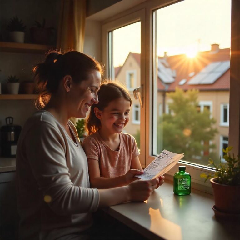 Eine fröhliche Familie in einer gemütlichen Wohnküche lächelt, während sie die deutlich niedrigere Stromrechnung begutachtet, die mit einem grünen Stempel „Mieterstrom-Sparen“ versehen ist. Draußen vor dem Fenster leuchten die Sonnenkollektoren auf dem Dach ihres Gebäudes sanft im warmen Nachmittagslicht. Ein dezentes Symbol überlagert sie: „60% selbst erzeugter Solarstrom“. In der Ferne sind benachbarte Gebäude ebenfalls mit Solaranlagen ausgestattet, was den wachsenden Trend zu nachhaltiger, kostensparender Energie in Gemeinden symbolisiert. Die Szene unterstreicht den Komfort, die Erschwinglichkeit und das Gefühl des stillen Klimaschutzes zu Hause.