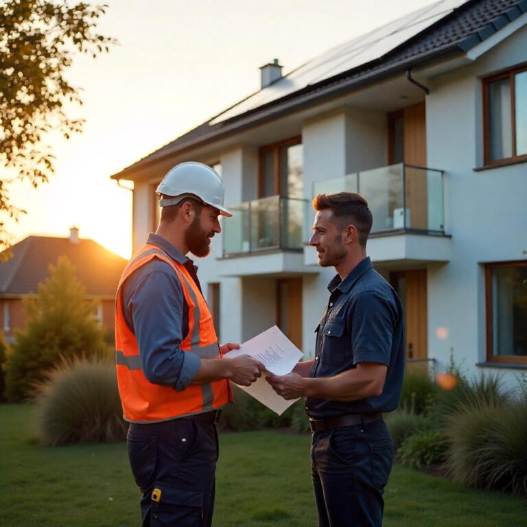 Ein professioneller Solarberater und ein Hausbesitzer stehen gemeinsam vor einem modernen Mehrfamilienhaus mit Solaranlagen auf dem Dach. Sie sehen sich detaillierte Pläne auf einem Tablet an und besprechen die maßgeschneiderte PV-Lösung, die auf die Spezifikationen des Gebäudes zugeschnitten ist. Die Szene findet zur goldenen Stunde statt und wirft warmes Sonnenlicht auf das Gebäude und die umliegenden Grünflächen. Die Atmosphäre vermittelt Vertrauen, Zusammenarbeit und die positiven Auswirkungen von Photovoltaikanlagen auf ein nachhaltiges städtisches Leben.