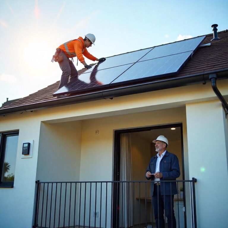 A rooftop scene during the final phase of a solar installation on a modern multi-family apartment building. Two professional PV technicians in safety gear secure the last panel in place, while below, the building owner watches from a balcony, smiling with visible relief and excitement. The sky is clear, the late afternoon sun reflects off the newly installed solar array. A subtle digital meter display on the wall near the entrance shows “System Online – Clean Energy Active.” The atmosphere captures the pride, professionalism, and optimism that comes with the completion of a sustainable energy system.
