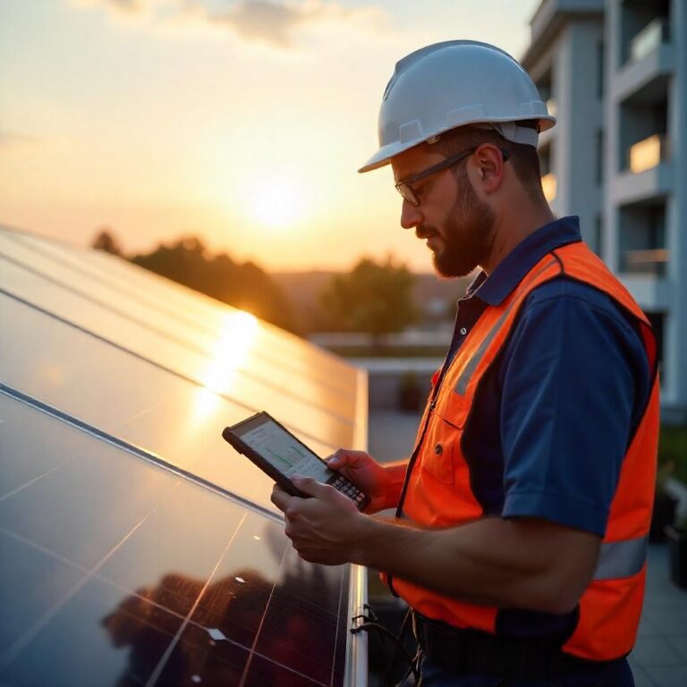 A professional solar technician in uniform performs maintenance on a rooftop photovoltaic system of a modern multi-family building. The technician uses diagnostic tools to assess the system's performance, with a digital tablet displaying real-time data. In the background, the sun casts a warm glow over the clean solar panels, symbolizing efficiency and sustainability. The scene conveys trust, professionalism, and the positive impact of regular maintenance on photovoltaic installations.