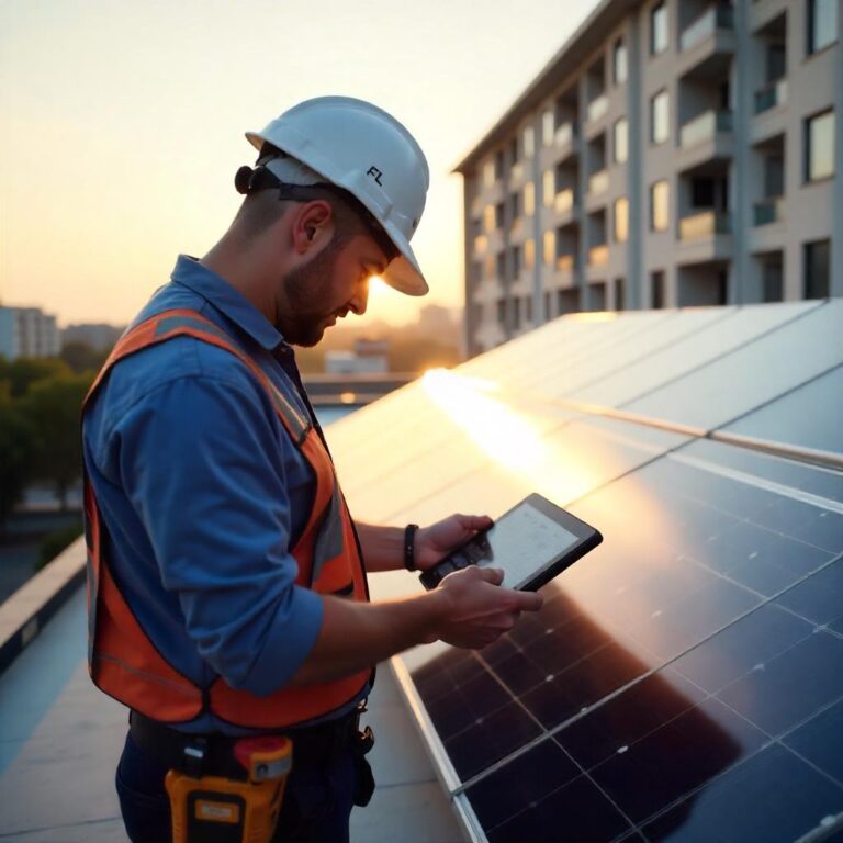 A professional solar technician in uniform performs maintenance on a rooftop photovoltaic system of a modern multi-family building. The technician uses diagnostic tools to assess the system's performance, with a digital tablet displaying real-time data. In the background, the sun casts a warm glow over the clean solar panels, symbolizing efficiency and sustainability. The scene conveys trust, professionalism, and the positive impact of regular maintenance on photovoltaic installations.